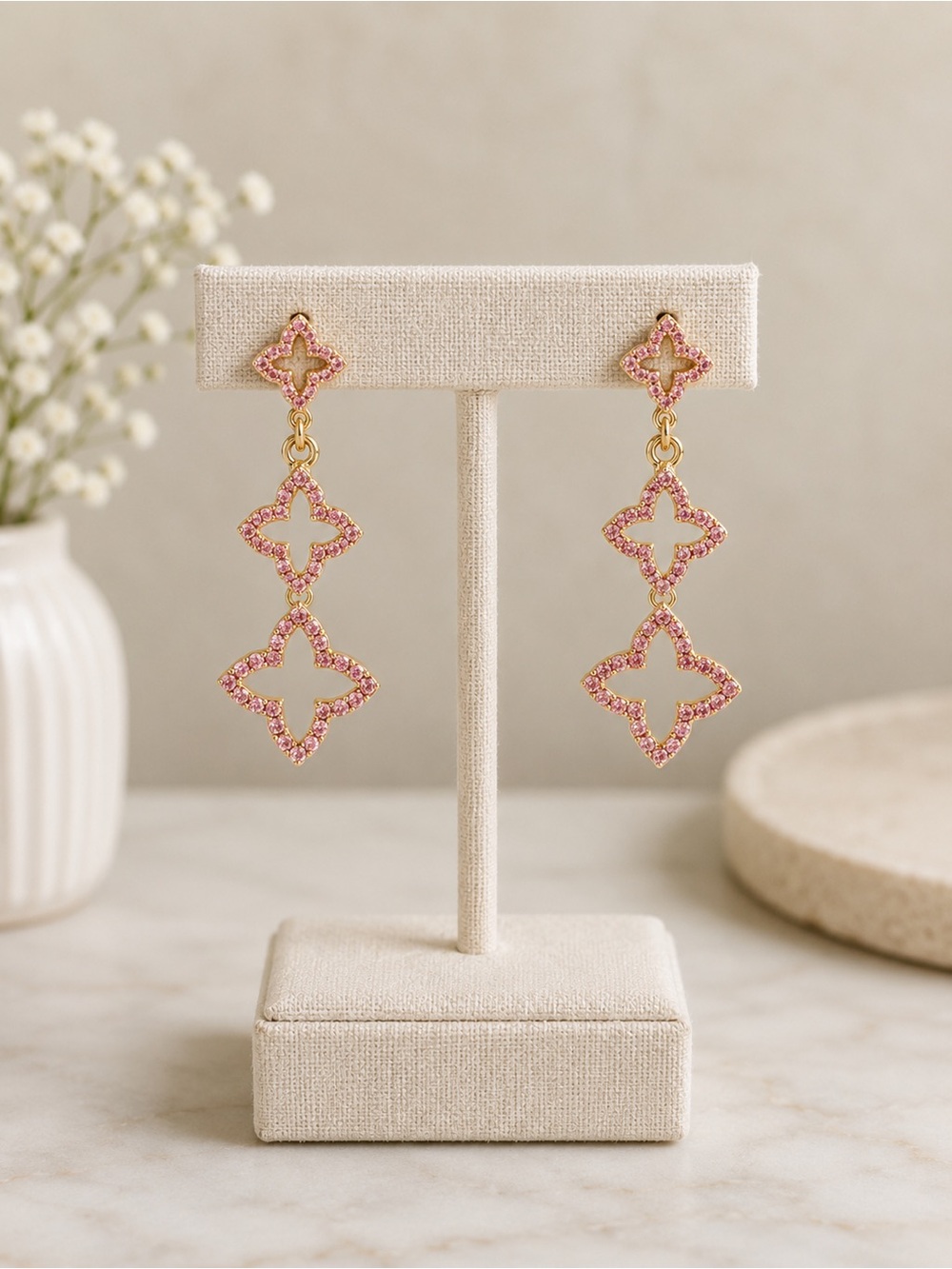 Pink Austrian Crystal Drop Clover Earrings - Women Jewelry